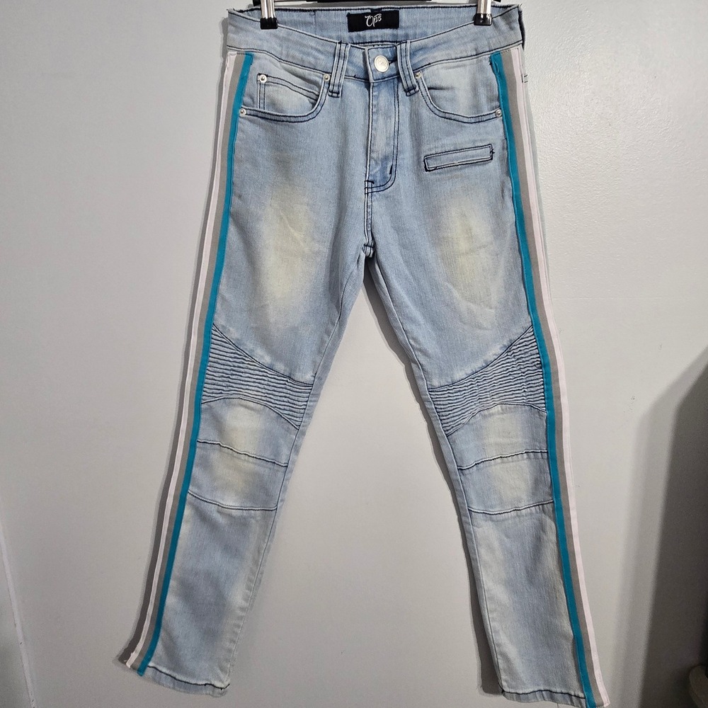 B#42 Men's Light Wash Moto Jeans Blue Stripe Trim Slim Fit Pants Size 29/30‎
